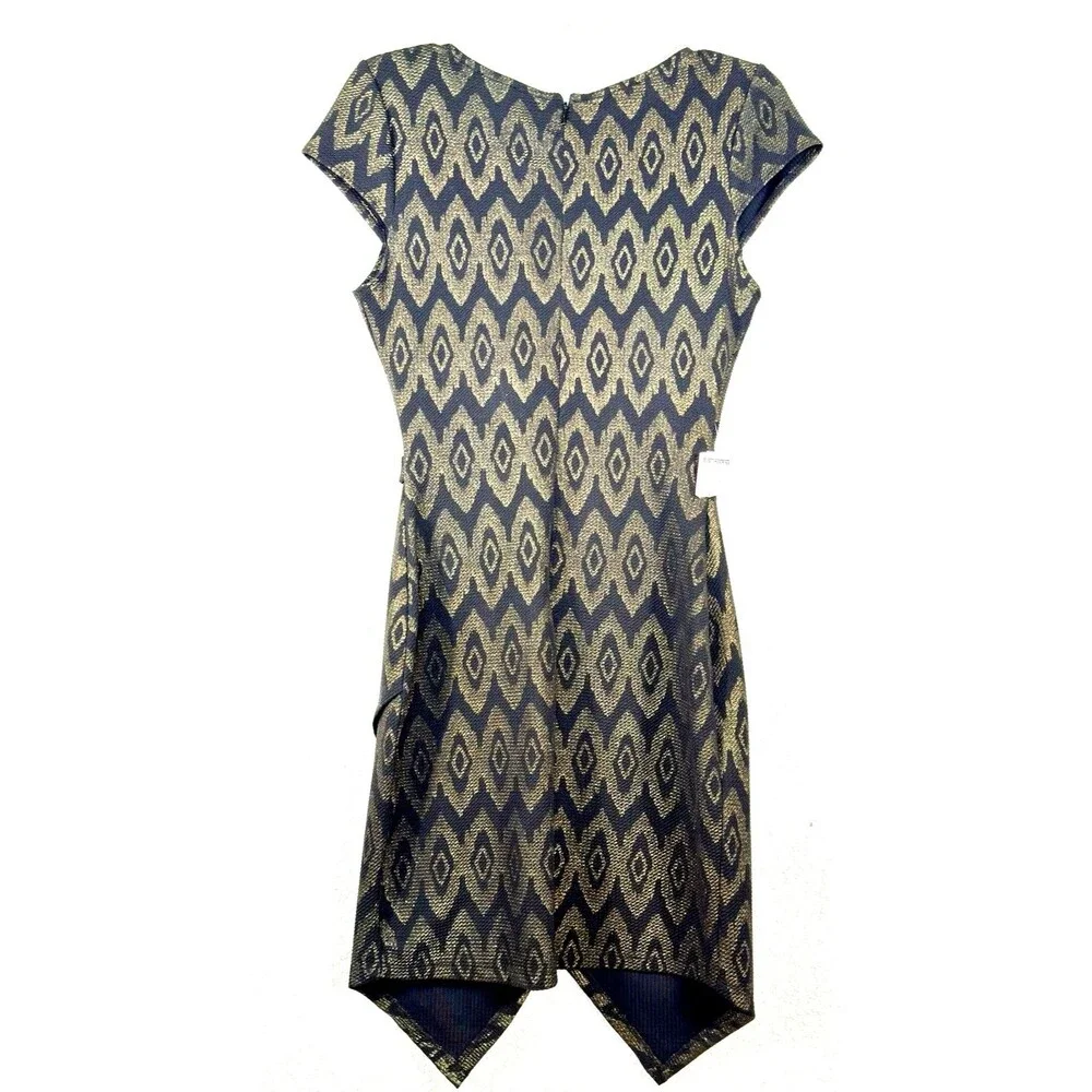 Gold & Black Geometric Metallic Dress with Belt - Size L Made USA Y2K NWT